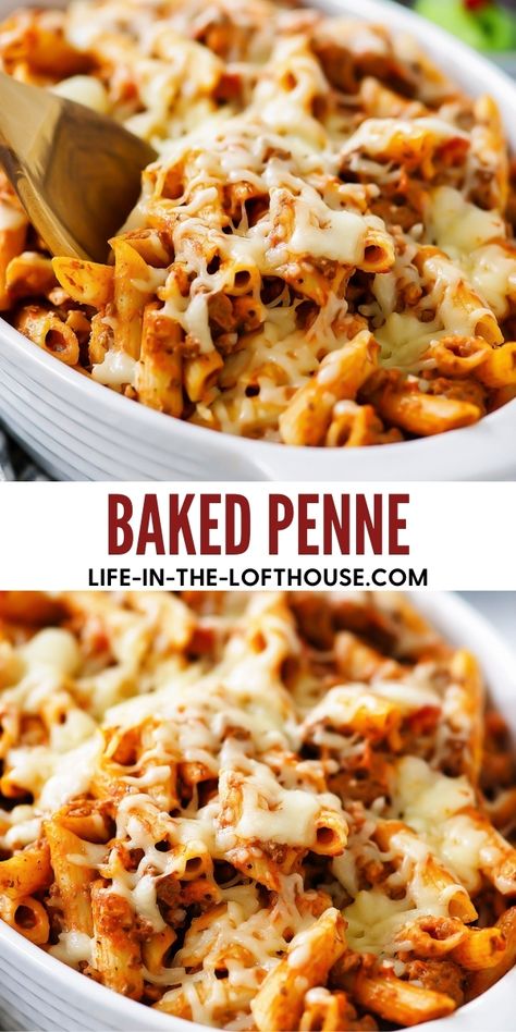 Easy Penne Pasta Recipes Ground Beef, Baked Penne With Ground Beef, Penne Pasta Recipes Ground Beef, Baked Penne Pasta Recipes, Penne Pasta Bake, Crowd Meals, Baked Penne Pasta, Penne Recipes, Baked Pasta Dishes