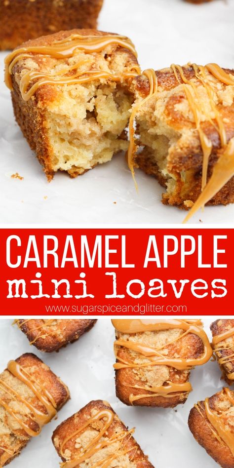 Caramel Apples get a bakery make-over with these Mini Caramel Apple Crumb Cakes - fun, single-serving fall dessert for snacking or entertaining. A copycat Starbucks recipe that is super simple to make Caramel Apple Mini, Apple Crumb Cake Recipe, Mini Bread Loaves, Healthy Apple Desserts, Crumb Cakes, Mini Loaf Cakes, Loaf Pan Cake, Apple Crumb Cakes, Mini Caramel Apples