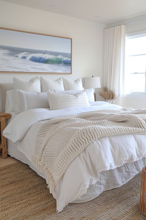 Coastal Interiors Design Bedroom, Neutral Costal Interior Design, Bedroom Inspirations Blue And White, Modern Coastal Bedrooms Master, Coastal Cozy Bedroom, Hamptons Style Decor Bedroom, Coastal King Bed, White Beachy Bedroom, Coastal Bedroom Inspiration