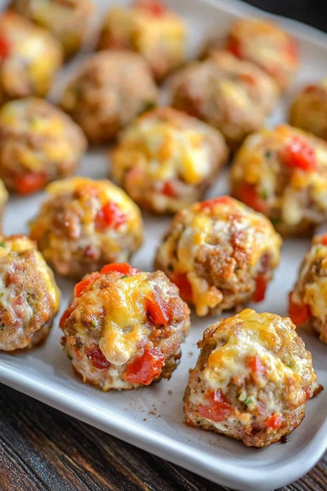 Rotel Cream Cheese Sausage Balls Sausage Cream Cheese Appetizers, Easy Savory Breakfast Bites, Appetizers And Finger Foods, Store Bought Brunch Ideas, Rotelle Sausage Balls, Sausage Balls Stove Top, Bus Quick Sausage Cheese Balls, Cream Cheese Tortilla Bites, Birthday Dish Ideas