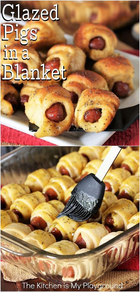 Glazed Pigs In a Blanket Little Pigs In A Blanket, Poker Night Snacks Appetizers, Appetizer For Game Night, Beef Pigs In A Blanket Recipe, Finger Foods For Game Night, Mini Pigs In A Blanket Crescent Rolls, Heavy Snacks For Party, Dessert Finger Foods For Party, Game Day Appetizers Easy Finger Foods