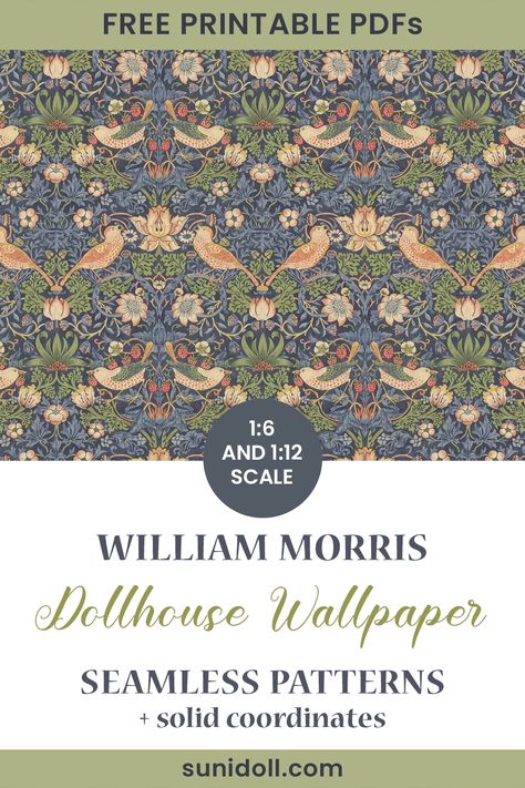 william morris wallpaper in miniature for dollhouses - seamless patterns in 1:6 and 1:12 scale you can download for free Miniature Patterns Free Printable, William Morris Free Download, Free Printable Miniatures Dollhouse 1.12, Dollhouse Printables Wallpaper, Dollhouse Wallpaper Printable Free Miniatures, William Morris Free Printable, Printable Wallpaper Dollhouse, Dollhouse Miniature Printables Free, Dollhouse Wallpaper Ideas