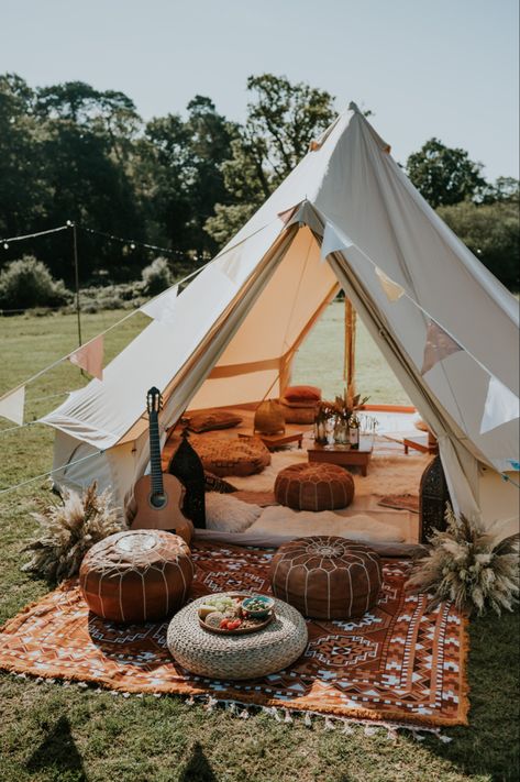 Glamping bell tent
Bell tent decor
Chill out bell tent
Bell tent in a field 
Wedding bell tent Camping Hen Party, Glamping Bell Tent, Tent Garden Party, Bell Tent Interior, Picnic Tent, Bell Tent Glamping, Chill Out Lounge, Boho Tent, Glamping Weddings