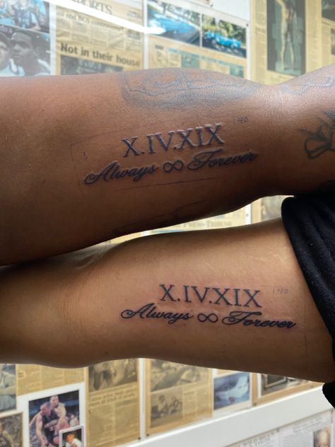 Him And Her Matching Tattoos, Male And Female Tattoo Ideas, Tattoo Roman Numeral Ideas, Tattoos Dedicated To Boyfriend, Matching Bicep Tattoos, Tattoo His Name, Couples Date Tattoos, Roman Numeral Couple Tattoo, Matching Tattoos For Best Friends Words