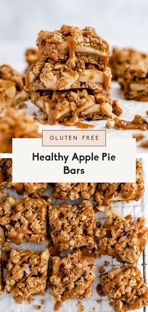 Healthy apple pie bars with a delicious oat crumble topping and a drizzle of homemade salted peanut butter caramel. These gluten free apple pie bars are filled with warm, cozy spices and easily made vegan for the perfect fall dessert! #applerecipe #applepie #fallrecipe #healthydessert #glutenfree #glutenfreedessert Keto Apple Pie Bars, Paleo Apple Pie Bars, Healthy Apple Pie Bars, Apple Bars Healthy, Healthy Apple Bars Recipes, Apple Pie Healthy Recipe, Apple Pie Healthy, Gluten Free Apple Pie Bars, Paleo Apple Pie