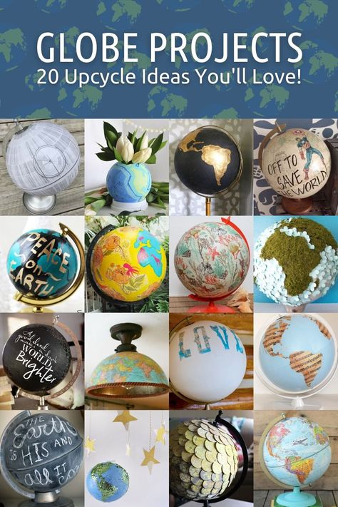 Are you always finding old globes in thrift stores? Here are DIY globe projects that you'll love - you're going to love these makeovers! Upcycle Globe Diy Projects, How To Paint A Globe, Painted Globes Diy Ideas, Globe Ideas Diy, Globe Crafts Diy, Old Globe Ideas Diy Projects, Globe Upcycle Diy Projects, Globe Decor Ideas, Decoupage Globe