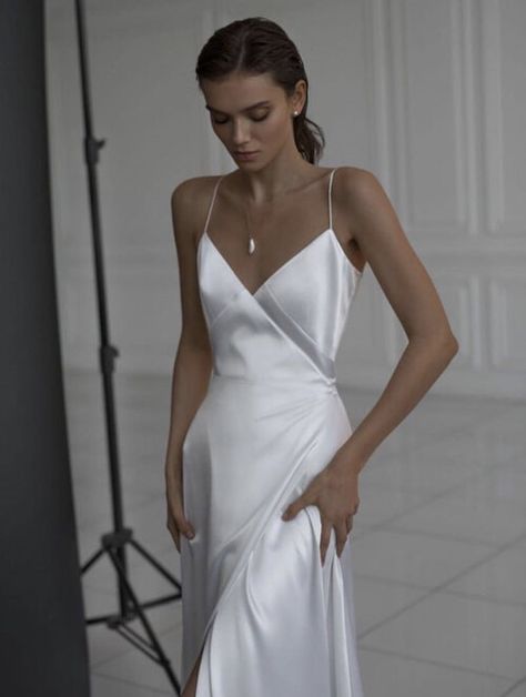 Simple White Wedding Dress, White Suspenders, Satin Wedding Dress, Mini Robes, Satin Gown, Satin Wedding, White Wedding Dresses, The Words, Satin Dresses