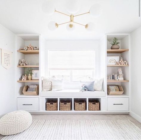 THE 2020 GUIDE TO A WELL DESIGNED HOMESCHOOL ROOM Built In Bookshelf Nursery, Built Ins Around Window Bedroom, Narrow Playroom Ideas, Built Ins Around Window, House Playroom, Bohemian Bedrooms, Ikea Entryway, Nursery Makeover, Window Seat Design