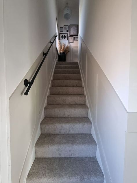 Egyptian Cotton Stairs, Panelled Stairs And Landing, Stairs In The Middle Of The House, Closed In Staircase Ideas, Stairs With Walls On Both Sides, Enclosed Stairwell Decor, Closed Staircase Ideas, Enclosed Staircase Ideas, Small Upstairs Hallway