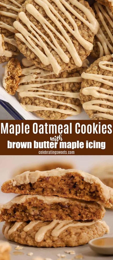 Cookie With Icing Recipe, Maple Brown Sugar Oatmeal Bars, Maple Cookie Icing, Chewy Brown Sugar Maple Cookies, Browned Butter Maple Cookies, Oatmeal Glazed Cookies, Maple Glazed Oatmeal Cookies, Maple Oatmeal Bars, Maple Brown Butter Cookies