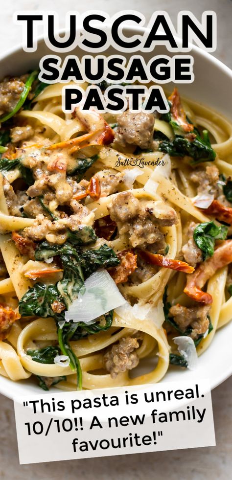 Sausage Spinach Pasta Bake, Pasta Ideas With Sausage, Tuscany Sausage Pasta, Tuscan Italian Sausage Pasta, Sausage Tomato Spinach Pasta, Sausage Spinach Spaghetti, Italian Sausage Arugula Pasta, Italian Sausage Paleo Recipes, Sun Dried Tomato And Sausage Pasta