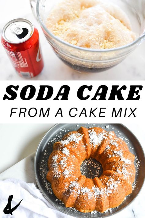 Soda Cake from a Cake Mix! Did you know all you need to make a quick and easy dessert bundt cake is a box of cake mix and a can of Coke? It's a fun recipe to make with the kids! It's great for any time of year especially if you want something sweet but don't have a lot of ingredients! #sodacake #cake #bundtcake #cokecake #easydessert #cakemixdessert Cakes Made With Soda, Soda Can Cakes, Soda Pop Cake, Soda Cake Recipe, Cake Mix And Soda, Coke Cake, Recipes Using Cake Mix, Soda Cake, Boxed Cake Mixes Recipes