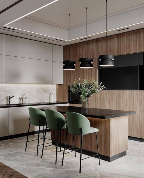 UnitRenderspace on Instagram: “Do you like this color combination!?💚 Comment below👇 Render by: @design_mashkovskaya #unitrenderspace” Modern Interior Design Ideas, Condominium Interior, Living Room And Kitchen Design, Dinning Room Design, Kitchen Interior Design Modern, House Design Kitchen, Home Design Living Room, Kitchen Room Design, Kitchen Inspiration Design