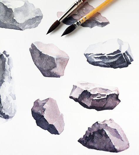 Patterns For Watercolor Painting, Watercolor Rocks Stones, Paintings Of Lakes, Pen And Watercolor Landscape, Watercolor Rocks Tutorials, Watercolor Drills, Watercolor Stones, Stone In Water, Watercolor Exercises