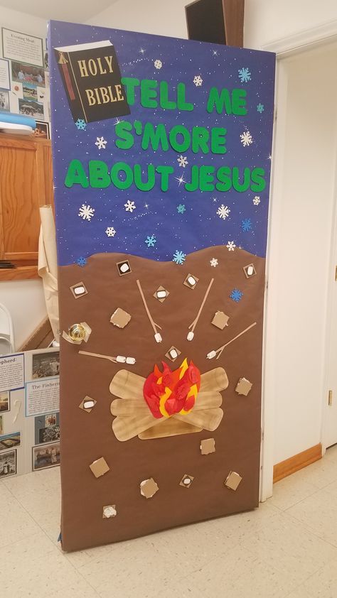 Campfire Decorations For Classroom, Vbs Decorating Ideas Camping Theme, Camping Theme Vbs Crafts, Camping Hallway Decorations, Bonfire Missions Vbs, Campfire Vbs Decor, Camp Theme Vbs Decorations, Christian Summer Camp Themes, Breaker Rock Beach Vbs 2024 Decorations Missions