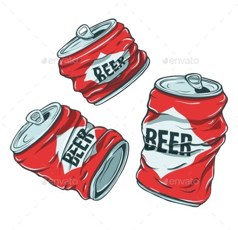 Set of sketchy crumpled beer cans. Vector crushed red aluminum alcohol beverage cans illustration. Can Clipart, Beer Drawing, Beer Cartoon, Beer Tattoos, Beer Illustration, Beer Label Design, Bear Artwork, Whiskey Lover Gifts, Beer Art