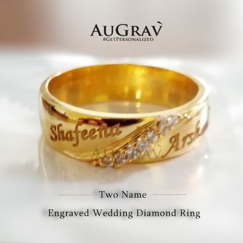 This couple gold ring with name is unique Indian style for wedding or engagement. Hold your loved one's name closer to your heart.   We know you are “Made for Each Other” and here we are helping you express the same.  This personalized name engraved ring works good for many occasions including engagement, first year anniversary or any other events involving both of you. Gold Ring With Name Engraved, Couple Name Rings Gold Unique, Couple Rings Gold Engagement Unique With Name, Engagement Rings Couple With Name, Couple Ring Name Design, Gold Couple Rings Design Unique, Name Engraved Rings, Couple Wedding Rings With Names, Couple Name Rings Gold