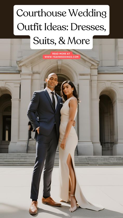 Stunning wedding couple in stylish courthouse wedding outfits, including an elegant dress and a sharp suit, posing outside a courthouse. Courthouse Wedding Groom Outfit, Courthouse Bridal Outfit, Civil Wedding Couple Outfit, Justice Of The Peace Wedding Outfit, Fall Courthouse Wedding, Simple Court Wedding Dress, Courthouse Wedding Outfit Men, Courthouse Wedding Guest Outfit, Courthouse Wedding Attire