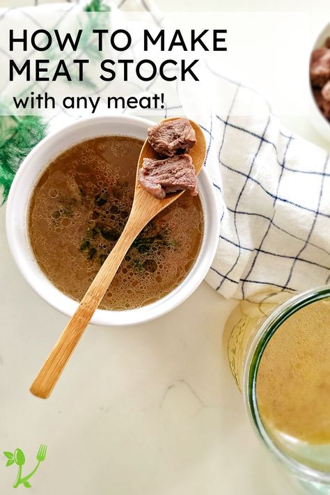 Discover the secrets of a delicious and richly flavor homemade meat stock. Though it's easier and gentler on your gut, it's still packed with nutrients, minerals, and flavor. Whether it's chicken, beef, or pork meat stock, you can have this hearty meat broth in no time. Meat Stock | Meat Broth | How to Make Meat Stock | Bone broth vs. Meat Broth Meat Stock Vs Bone Broth, Meat Stock Recipes, Meat Broth Recipes, Meat Stock For Baby, Pork Broth Recipes, Meat Freezer, Soup With Beef Broth, Carnivore Ideas, Ham Hock Recipes