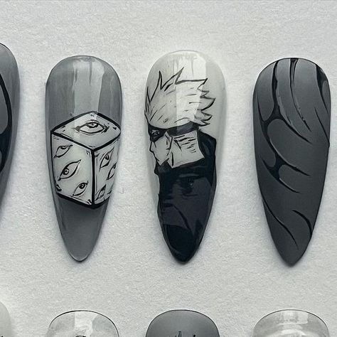 Toji Nail Ideas, Anime Press On Nails, Jjk Nails Gojo, Jujutsu Kaisen Nails Design, Anime Manicure, Gojo Nails, Jujutsu Kaisen Nails, Jjk Nails, Manga Nails