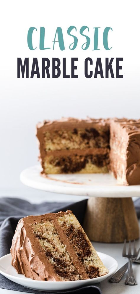 A 2 layer marble cake with lush chocolate frosting is surprisingly easy to make! #marblecake #cake Best Marble Cake Recipe, Whipped Chocolate Frosting, Marble Cake Recipe, Marble Cake Recipes, Slice Of Cake, Snickerdoodle Cookies, Kitchenaid Mixer, One Cake, Marble Cake