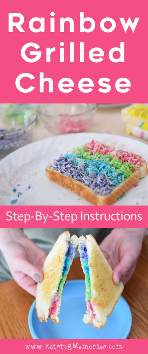 Brighten your kids' day with a fun, cute, colorful and easy, step-by-step tutorial for making a rainbow grilled cheese sandwich! Simple instructions to make a beautiful, bright, multicolored sandwich for a rainbow party or for St. Patrick's Day lunch food! by Raising Memories Making A Rainbow, Rainbow Grilled Cheese, Rainbow Snacks, Grilled Cheese Recipe, St Patricks Day Food, Grilled Cheese Recipes, Lunch Food, Food Party, Rainbow Food