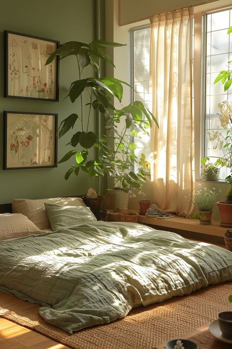 Mattress On Floor, Floor Bed, Cozy Room Decor, Apartment Decor Inspiration, Dream Room Inspiration, Green Rooms, Apartment Inspiration, Cozy Room, Room Inspiration Bedroom