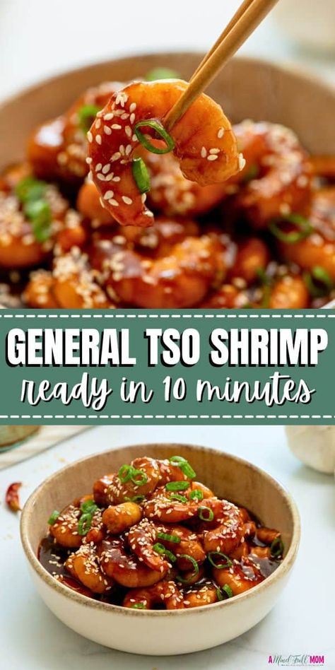 Sweet, savory, with a hint of spice, General Tso Shrimp comes together in just 10 minutes to create a dinner that everyone loves! General Tso Shrimp Recipe, Stirfry Shrimp, Shrimp And Tofu Recipes, Chinese Food Recipes With Shrimp, Asian Shrimp Stir Fry Recipes, Soy Sauce Shrimp Recipes, Sesame Shrimp Recipes, Simple Shrimp Tacos, Simple Stir Fry Sauce