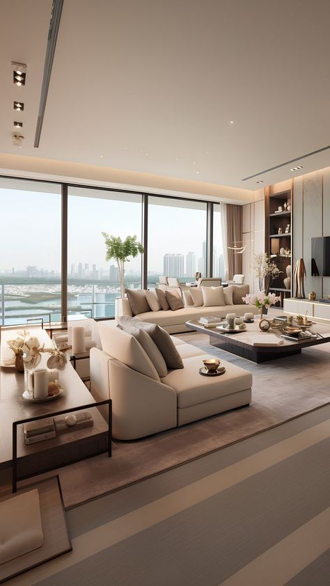 A lavish modern interior design for a large apartment living room in Dubai, where comfort meets opulence in every carefully curated element. Reka Bentuk Bilik Tidur, Aesthetic Interior Design, Hiasan Bilik Tidur, Modern Sofa Designs, Aesthetic Home Decor, Kitchen Home Decor, Inspire Me Home Decor, Design Room, Ideas Living Room