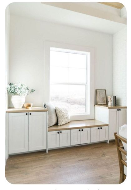 Built In With Bench Living Room, Cabinet Below Window, Window Seat And Storage, Storage Around Window Bedroom, Bench With Storage Under Window, Shoe Storage Under Window, Window Seat Between Cabinets, Narrow Window Seat Ideas, Feature Window Ideas