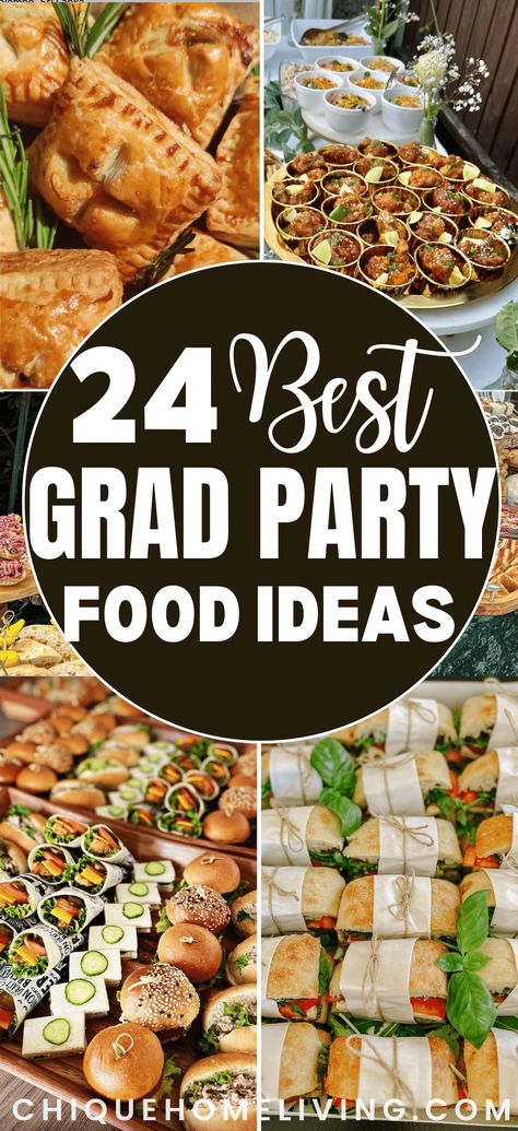 Planning a graduation party and need food inspiration? Discover our handpicked selection of the 24 best graduation party food ideas! Grad Food Party Ideas, Finger Foods For Graduation Party Simple, Graduation Dinner Food Ideas, Burger Graduation Party, Fun Graduation Food Ideas, Grad Party Menu Ideas High Schools, Food Ideas Graduation Parties, Veggie Tray For Graduation Party, Graduation Party Lunch Ideas