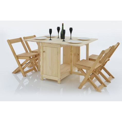 From the Tree Furniture 46.06" Solid Wood Rectangular Fold-in-Half Folding Table with 4 Chairs | Wayfair Foldable Dining Table, Space Saving Table, Tree Furniture, Portable Kitchen, Folding Dining Table, Foldable Table, Chair Storage, Solid Wood Table, Table Wood