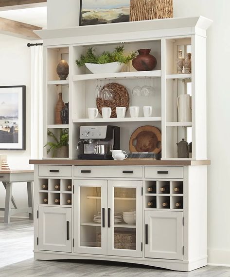 10 rustic small kitchen ideas | Real Homes White Kitchen China Cabinet, Hutches In Kitchen, Modern Country Farmhouse Decor, Modern Country Kitchen Farmhouse, Coastal Hutch, Built In China Cabinet Dining Room, Kitchen Hutch Decorating Ideas, Modern China Cabinet Display, Dining Room Hutch Decor