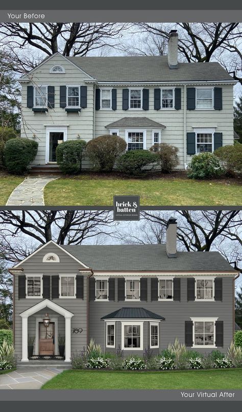 The 9 Best Gray Exterior Paint Colors of 2021 | brick&batten Benjamin Moore Gray Exterior House Paint, Light Gray Brick House Exterior, Grey Painted Brick House Exterior, Gray House Black Shutters, Grey Exterior House Colors With Brick, Best Gray Exterior Paint Colors, Gray Exterior Paint Colors, Gray Brick House Exterior, Light Gray House