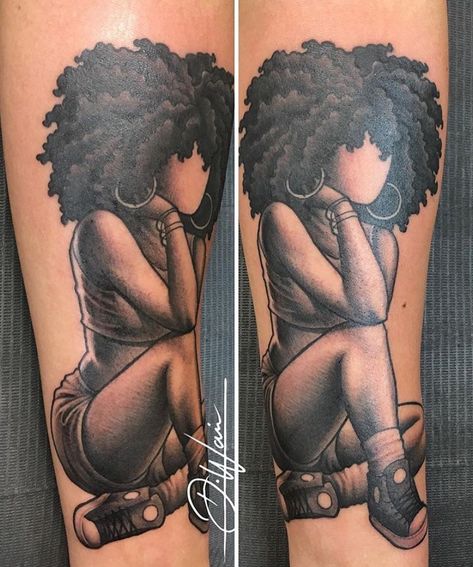 Kat Tat on Instagram: “How GORGEOUS is this piece done by @darnellwaine of @enigmabeverlyhills 😍😍 Contact Darnell for your appointments with him and follow our…” Afro Tattoo Ideas Natural Hair, Black Afro Tattoo Ideas, Tattoo Of Black Woman With Afro, Afro Queen Tattoo, Forearm Half Sleeve Tattoos For Women, African Tattoo Ideas Black Women, Afro Girl Tattoo, Bold Tattoos For Women, Afro Tattoo Ink Black Women