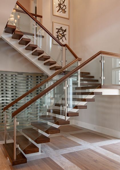 Stainless Steel And Glass Stair Railing, Glass Staircase Railing Stainless Steel, Staircase Design Glass Railings, Stainless Steel Staircase Design, Glass Stairs Design Modern, Modern Stair Railing Stainless Steel, Glass For Stairs, Stairs Glass Railing Design, Railing Design Stairs