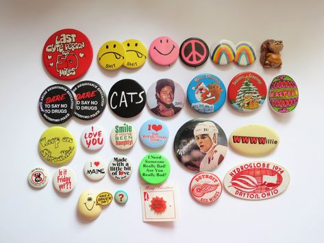 Vintage misc. themed pinback buttons. This listing is for one button of your choice. They are in pre-owned condition and show signs of age and wear. There is discoloration and rust to the backsides on some. If you need specific details or measurements about a particular button, please send a message. Vintage Pinback Buttons, Custom Streetwear, Kawaii Hair Clips, Pin Button, Pink Bubbles, Cool Pins, Jewelry Lookbook, Mini Canvas Art, Pin And Patches