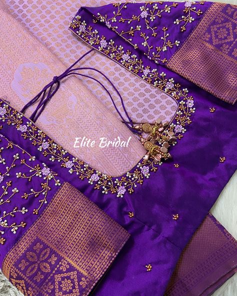 Customised floral Aari embroidery hand work blouse by elite bridal 💜✨ Multicolour Aari Work Blouse, Work Sarees For Wedding, Allover Maggam Work Blouse Designs New, New Design Aari Work Blouse, Embroidery Designs Aari Work, Bridal Back Blouse Designs, White Pearl Bead Aari Work Blouse Design, Violet Colour Blouse Aari Work Designs, Blouse Back Work Designs