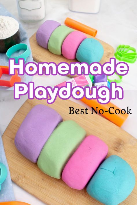 This no cook homemade playdough can be made in under 10 minutes.  It is an easy recipe that doesn't need cream of tarter. Your littles will love this sensory play idea. Diy Playdough Recipe, No Bake Playdough Recipe, Simple Playdough Recipe, No Cook Play Dough Recipes, Playdough Recipe No Cook, Easy No Bake Playdough Recipe, Homemade Play Doh, Home Made Play Dough, Playdoh Recipe Simple