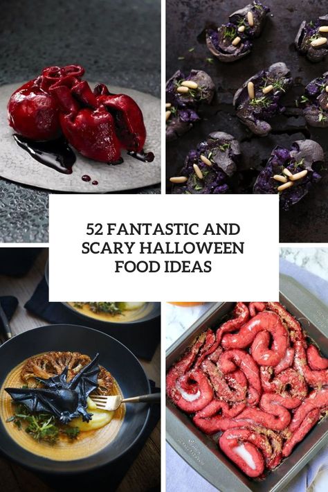 fantastic and scary halloween food ideas cover Gross Halloween Foods For Party, Best Halloween Dinner Ideas, Black Noodles Halloween, Spooky Savory Food, Hallow Food Ideas, Horror Movie Inspired Food, Intestines Halloween Food, Dinner Ideas Halloween, Spooky Soup Recipes