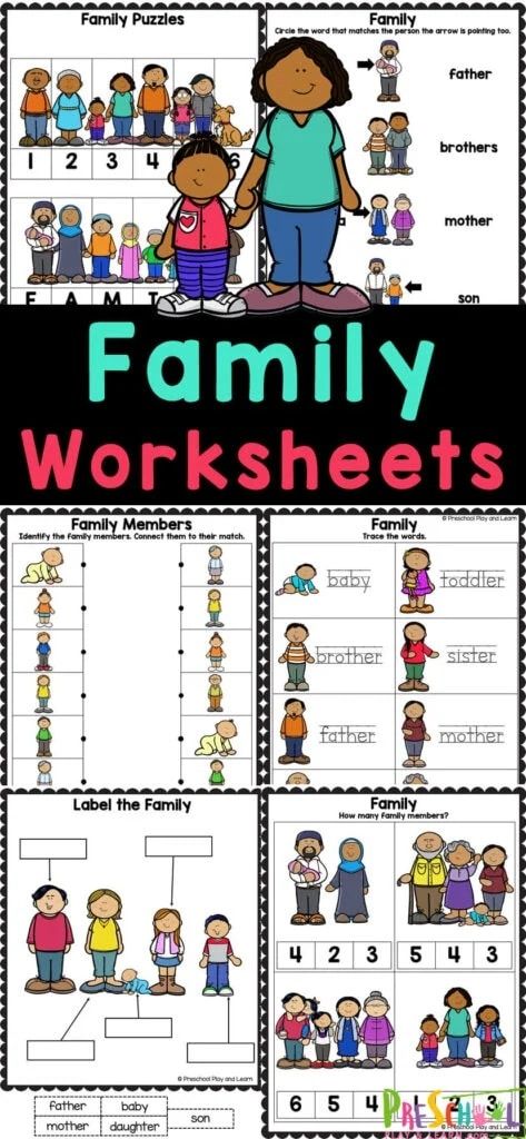 NEW FREEBIE:  Preschoolers will have fun learning to identify family members with these FREE printable worksheets.  GET THEM HERE >>> Preschool Family And Friends Theme, Family Tree Worksheet Free Printable, Family Science Activities Preschool, Family Unit Preschool Activities, Family Preschool Worksheets, Family Worksheets For Preschool, My Family Worksheet Preschool, Family Members Activities Preschool, Family Tree Free Printable