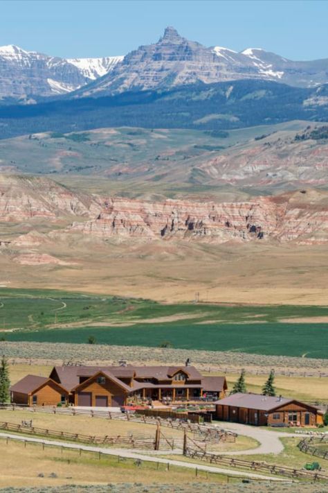 A private equestrian ranch outside Dubois, Wyoming, is up for sale for the first time, asking $13.95 million.  The ranch, at the foot of the Absaroka Range of the Rocky Mountains, includes several parcels with an 11,500-square-foot main home, two additional rental homes, a barn with an attached apartment, and everything needed to keep and raise horses, along with an easement that allows the owner to ride directly into the nearby national forest. Country Dream House Ranch Style, Ranch In The Mountains, Ranch Style Homes With Garage, Wyoming Ranch House, Big Ranch House, Home In Mountains, Ranches In Montana, Country Ranch Style Homes, Montana Ranch House