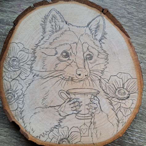 Step one! . . . #LilaMysticWoods #pyrographystepbystep #sketch #artonwood #raccoon #cuteness #teatime #loveraccoons Pyrography On Paper, Painted Wood Burning Art, Wood Burning Drawings, Wood Burn Patterns, Wood Drawing Ideas, Easy Wood Burning Designs, Simple Woodburning Designs, Cool Wood Burning Designs, Woodburning Gift Ideas