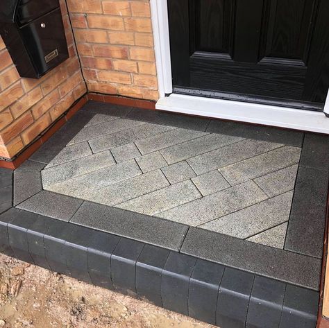 Marshalls metro step | Front door steps, Porch tile, Modern front porches Outside Tiles Front Porches, Verandah Tiles, Tiled Entrance, Porch Tiles, Concrete Front Steps, Front Door Step, Front Window Design, Entrance Stairs, Front Garden Ideas Driveway