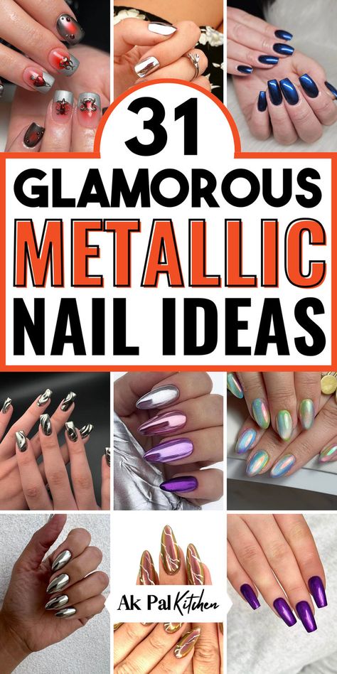 Metallic nails are a chic and trendy choice. Discover stunning chrome nails, glitter nails, and holographic nails to make a statement. Try metallic gold nails, silver nails, or rose gold nails for a touch of elegance. Explore metallic nail art, foil nails, and mirror nails for a reflective look. Experiment with metallic gel nails and shimmer nails for a glamorous manicure. Find bold metallic nail designs, metallic nail polish, and glamorous nails that catch the eye. Summer Nails Metallic, Metallic Gel Nails, Nail Designs Metallic, Metallic Nail Ideas, Chrome Nails Glitter, Metallic Nail Designs, Metallic Gold Nails, Shimmer Nails, Metallic Nails Design