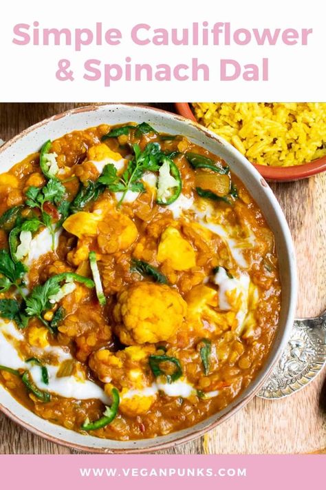 Vegan dahl is so easy to make and this one has added extras – cauliflower and spinach! So delicious, also known as red lentil curry! Vegan Dahl, Red Lentil Curry, Spinach Dal, Red Lentil Recipes, Vegan Tikka Masala, Cultural Foods, Lentil Curry Recipes, Vegan Curry Recipes, Vegan Indian Recipes