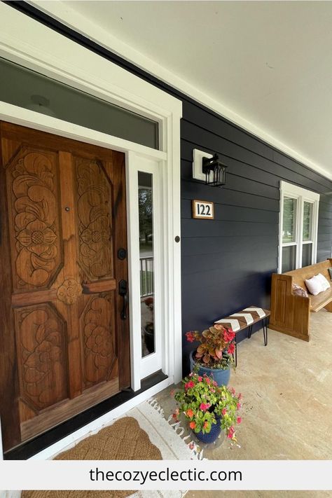 Dark blue exterior front porch Sherwin Williams Dark Exterior Colors, Navy Exterior House Colors, Sherwin Williams Anchors Aweigh, Navy Blue Exterior House Colors, Dark Blue Exterior House Colors, Home Exterior Color Ideas, Navy Blue House Exterior, Exterior Color Ideas, Navy House Exterior