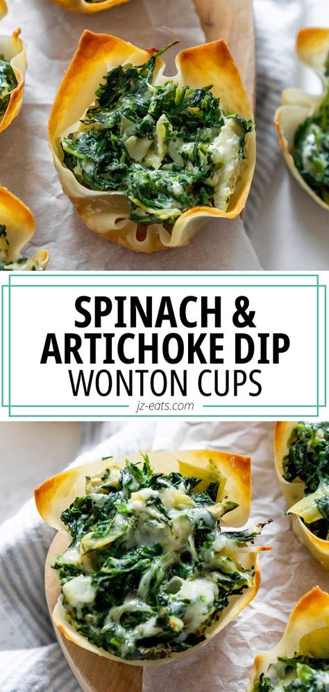 Spinach Artichoke Cups, Spinach Artichoke Bites, Artichoke Bites, Wonton Appetizers, Wonton Wrapper Recipes, Creamy Spinach Dip, Spinach And Artichoke Dip, Crispy Wonton, Wonton Cups