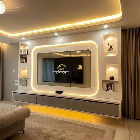 Modern Tv Showcase Design, Interial Designing Room, Molding Bedroom Design, Tv Unit Wall Design Living Room, Modern Tv Room Luxury, Living Room Tv Wall Modern Tv Units Interior Design, Living Tv Unit, Showcase Design Furniture, Television Decor