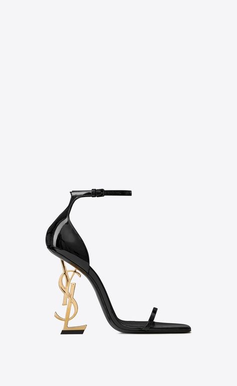 SAINT LAURENT YSL heel shoes Woman OPYUM sandals in metallic leather with a black heel (110) V4 Dr Shoes, Ysl Heels, Ysl Shoes, Gold Shoes, Hot Shoes, Dream Shoes, Casual Shoes Women, Gold Tone Metal, Black Heels